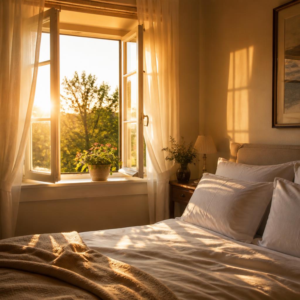 Quarto iluminado pelo sol da manhã, com flores na janela aberta