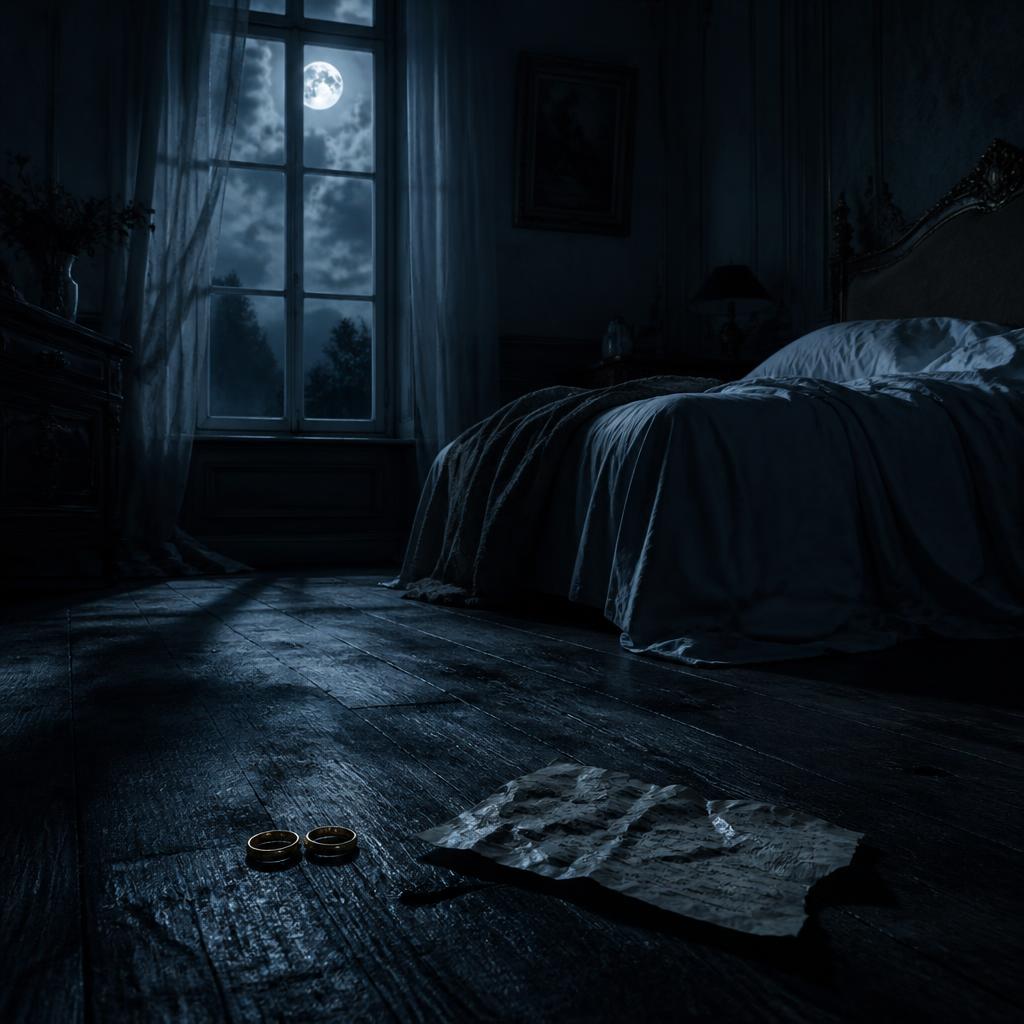 Quarto escuro à luz da lua, com duas alianças e uma carta no chão de madeira